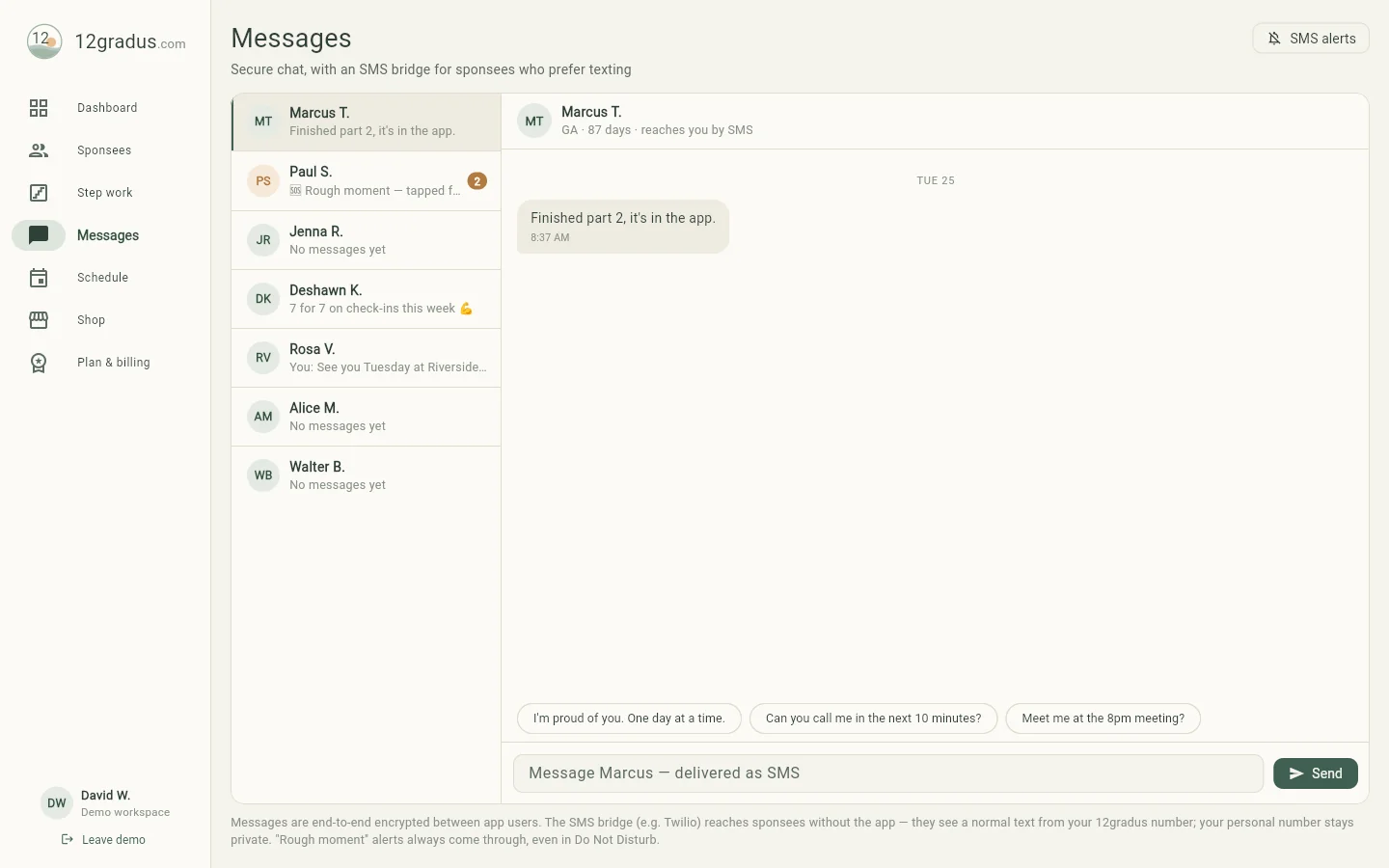 The 12Gradus chat screen with an SMS-bridged conversation
