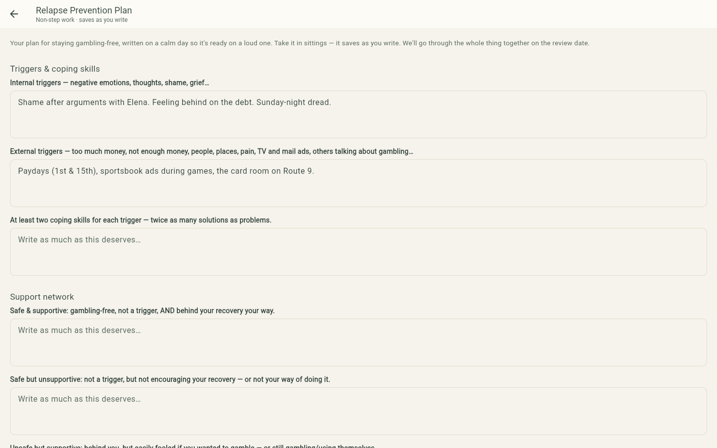 The relapse prevention plan form with triggers and support network sections