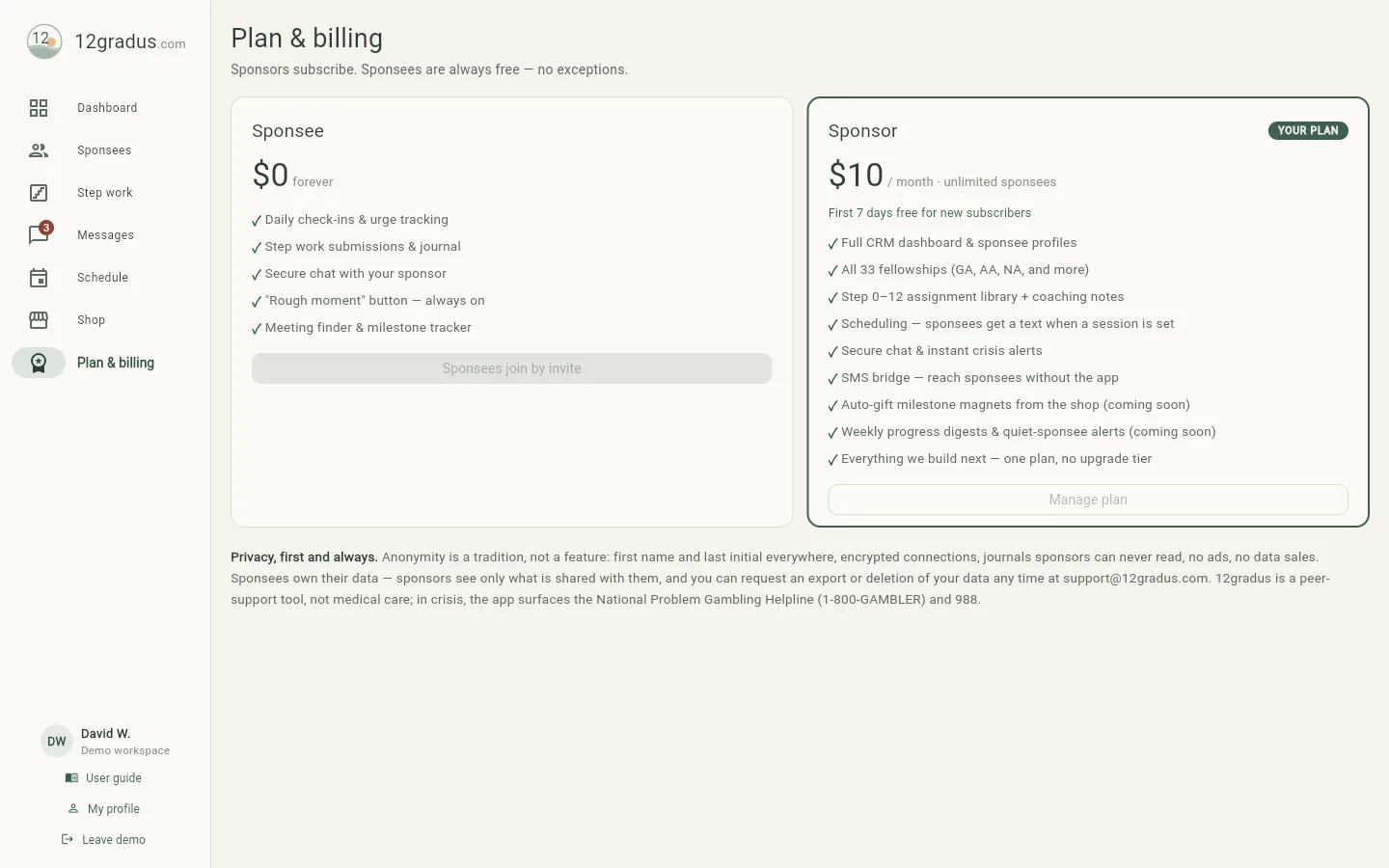 Plan and billing screen: the free Sponsee plan and the single Sponsor plan