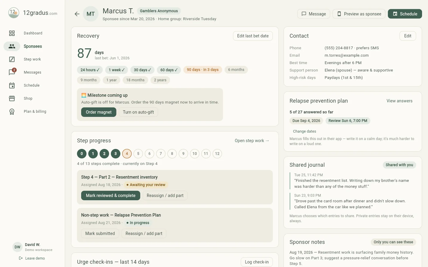 A sponsee profile showing recovery card, step progress, prevention plan, journal, and notes