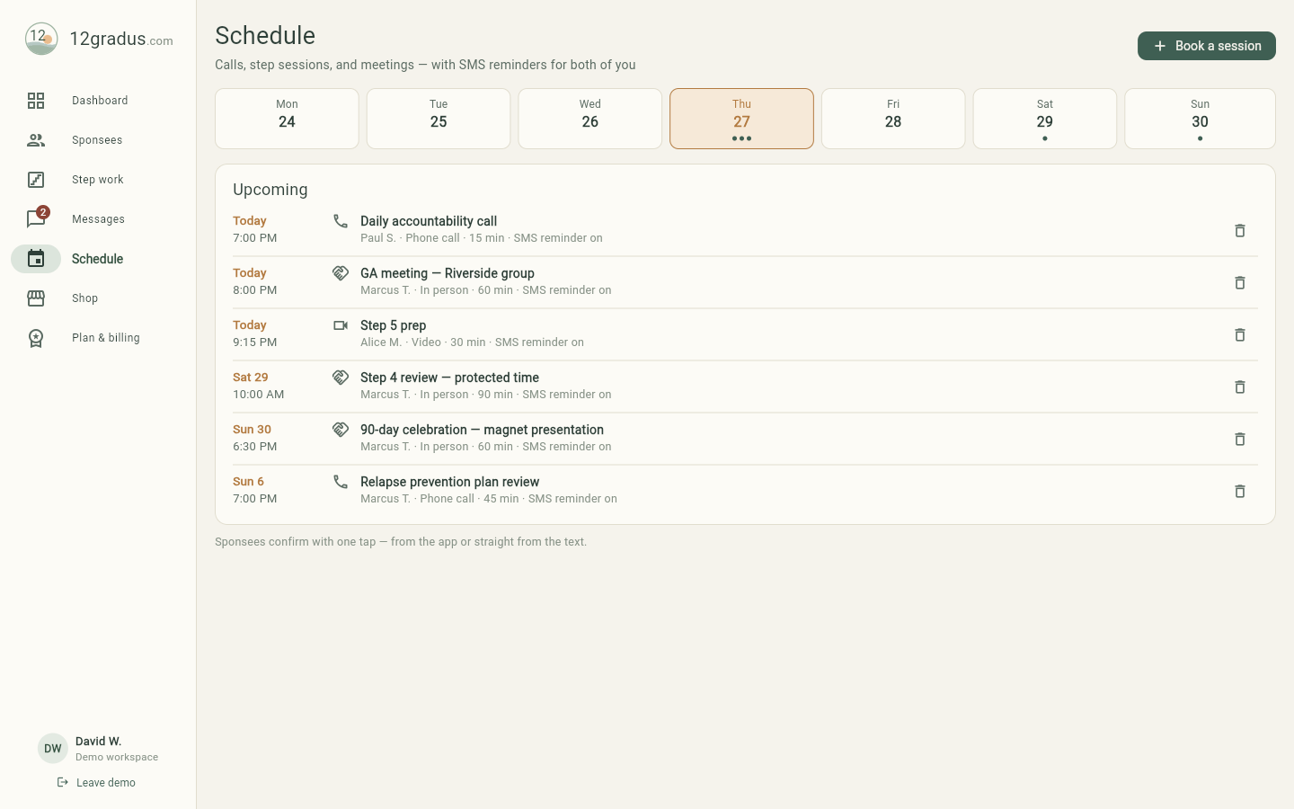 Schedule with a week strip and upcoming sessions