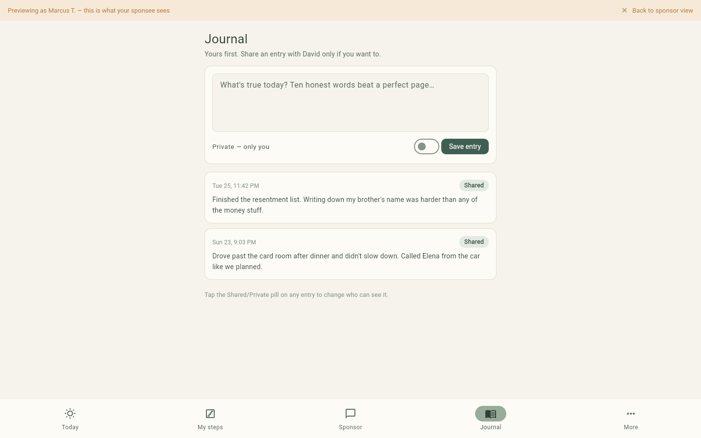 Sponsee journal with shared and private entries