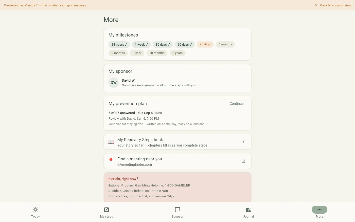 Sponsee More screen with milestones, prevention plan, and crisis resources