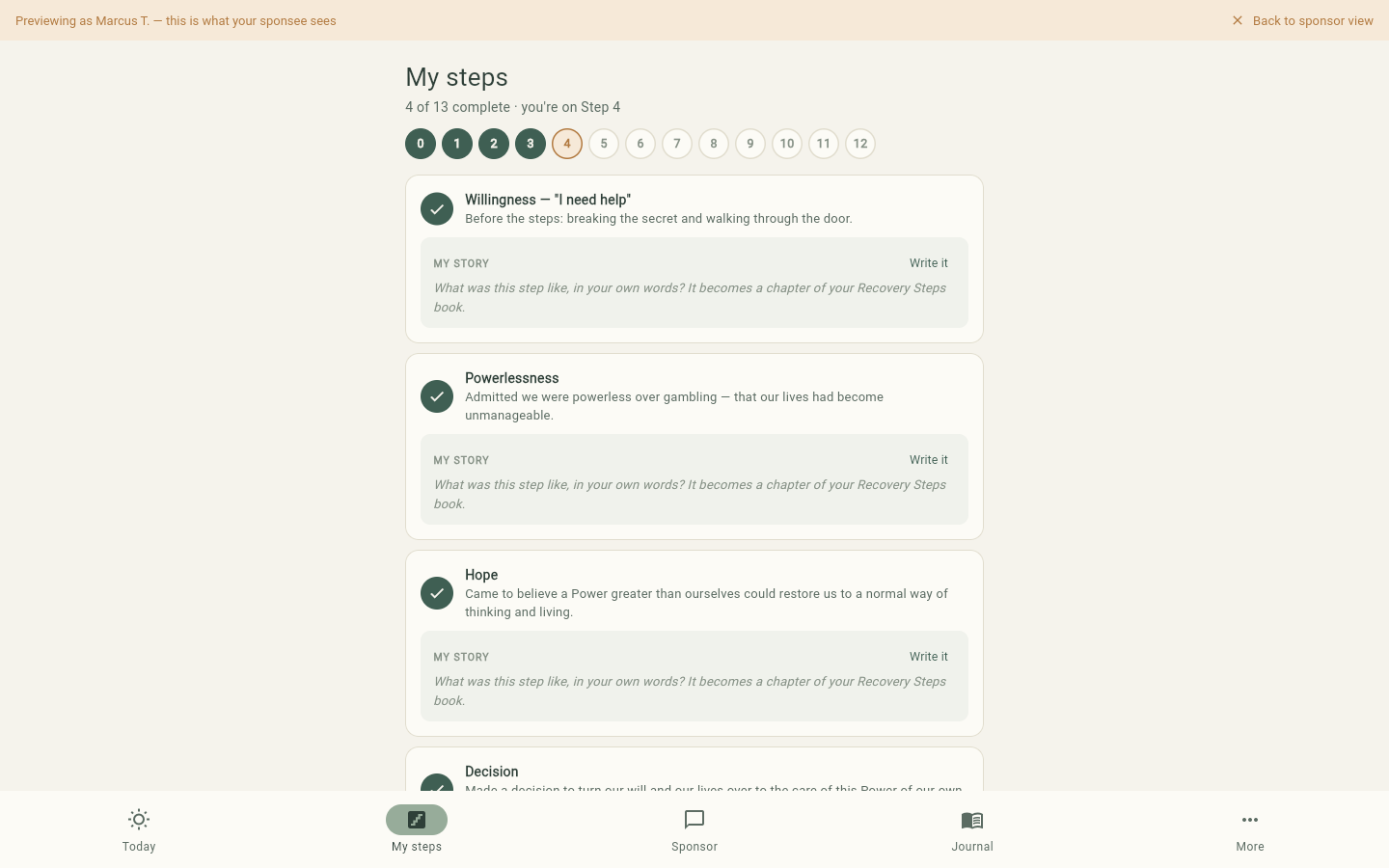 Sponsee My Steps screen with completed steps and story prompts