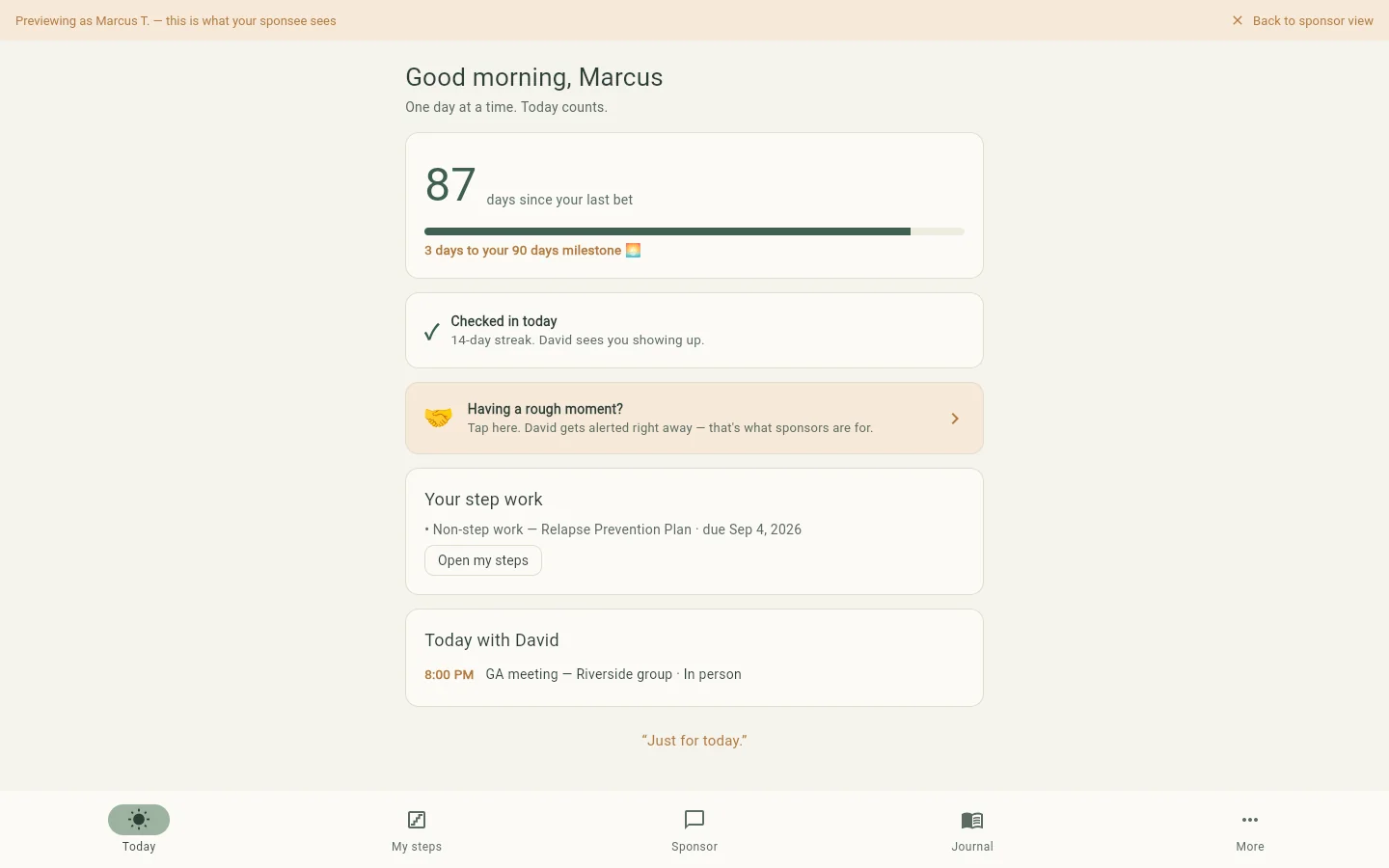 Sponsee Today screen with days counter, check-in, and rough moment button