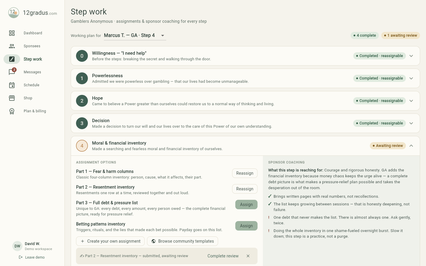 Step work screen with Step 4 expanded: assignment options and sponsor coaching
